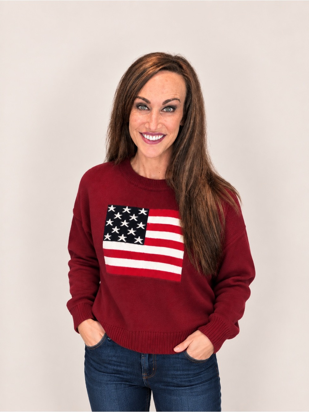 Zenana Burgundy Crewneck Sweater with Flag Motif